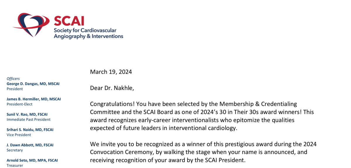 I’m honored to be selected as one of the 2024’s 30 in Their 30s award winners by @SCAI. I couldn’t have asked for better support by a great society and amazing mentors @KAlaswadMD @Babar_Basir @AIrimpen @twitterlessJoseWiley. @HFHCardioFellow @TulaneCardio @TulaneMedicine.
