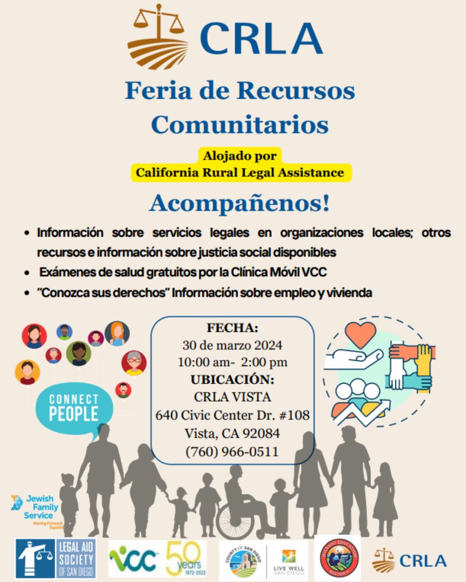 Check out the Community Resource Fair on March 30 from 10:00AM to 2:00PM in Vista, CA to learn about #Eviction Defense. Our Vista office also has a Housing Clinic where you may receive assistance with an unlawful detainer case Mon. and Fri. 9:00AM - 12:00PM and 1:00PM - 4:00PM.