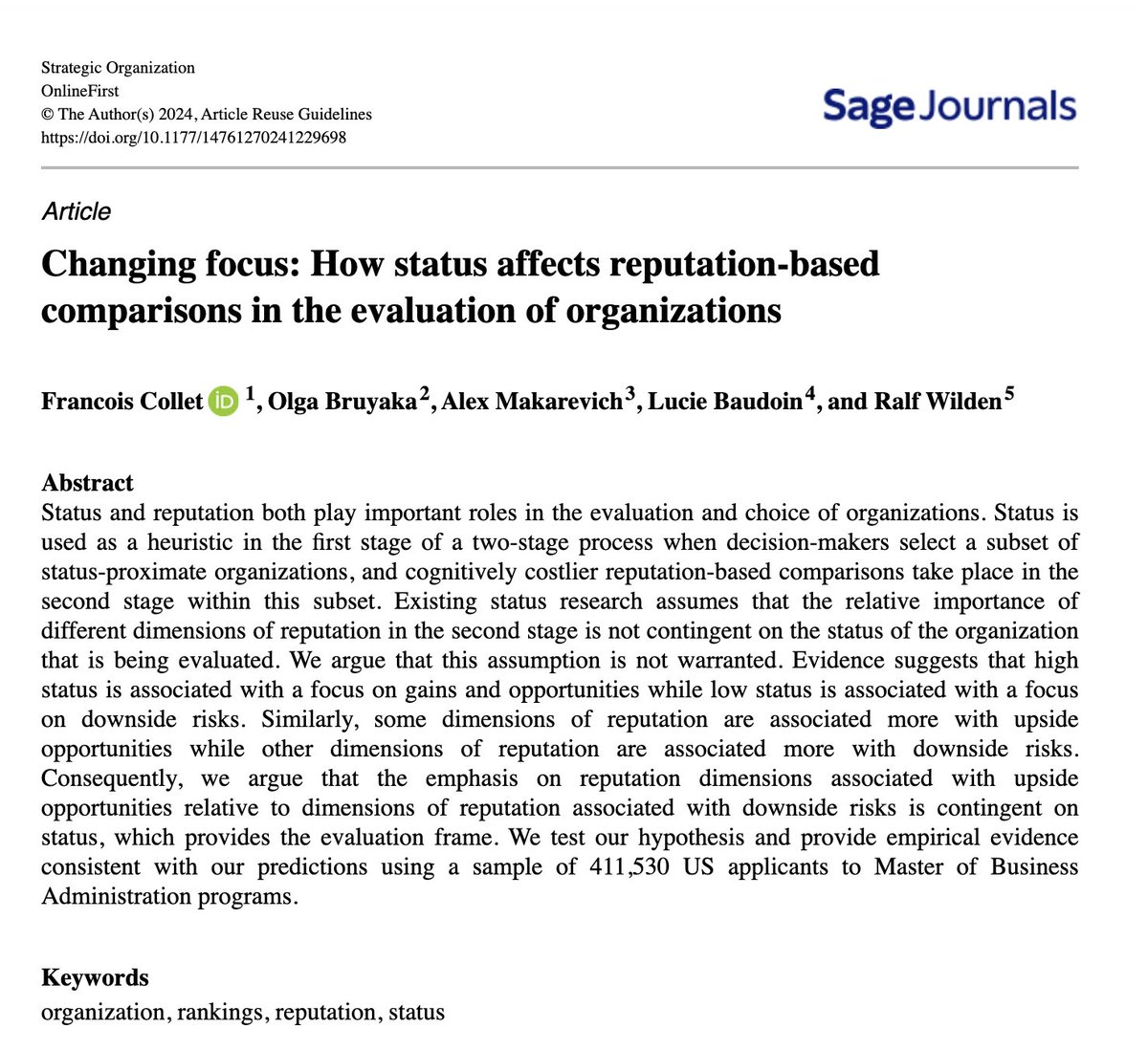 Ralf Wilden (@ralfwilden) on Twitter photo Why do individuals join certain organizations over others?
We explore this question in our new study published in <a href="/StrategOrg/">Strategic Organization</a> with <a href="/fcollet/">Francois Collet</a> and colleagues from <a href="/Macquarie_Uni/">Macquarie University</a>, <a href="/Esade/">Esade</a>, U West Virginia, Cali State, and Excelia Business School
journals.sagepub.com/doi/abs/10.117… Why do individuals join certain organizations over others?
We explore this question in our new study published in <a href="/StrategOrg/">Strategic Organization</a> with <a href="/fcollet/">Francois Collet</a> and colleagues from <a href="/Macquarie_Uni/">Macquarie University</a>, <a href="/Esade/">Esade</a>, U West Virginia, Cali State, and Excelia Business School
journals.sagepub.com/doi/abs/10.117…