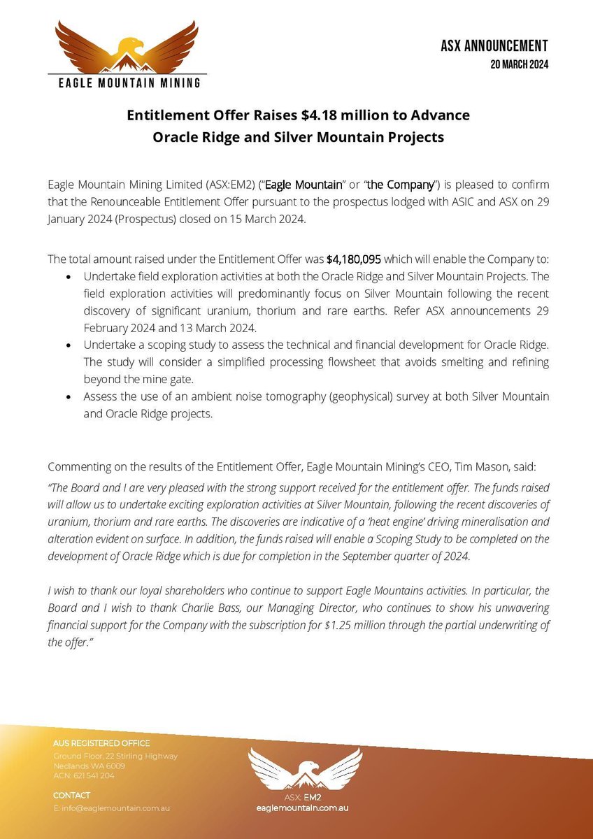 eagle_mining's tweet photo. Eagle Mountain Mining Limited (ASX:EM2) is pleased to confirm that the Renounceable Entitlement Offer pursuant to the prospectus lodged with ASIC and ASX on 29 January 2024 closed on 15 March 2024. 

Read more: https://t.co/VWHHuv5iYR

$EM2 #Copper #Gold #EagleMountain https://t.co/vEX5G0pn35