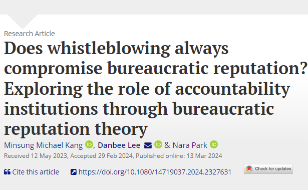 Public Management Review (@pmreview_) on Twitter photo Organizational reputation is subject to losses when whistleblowing occurs, but @mm__kang, <a href="/DanbeeLee1/">Danbee Lee</a> and Nara Park find that it can be mitigated when managed properly through accountability institutions tandfonline.com/doi/full/10.10… Organizational reputation is subject to losses when whistleblowing occurs, but @mm__kang, <a href="/DanbeeLee1/">Danbee Lee</a> and Nara Park find that it can be mitigated when managed properly through accountability institutions tandfonline.com/doi/full/10.10…