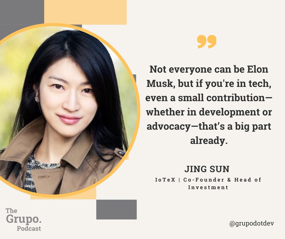 🚀 "Not everyone can be <a href="/elonmusk/">Elon Musk</a>, but every tech enthusiast can make a difference!

Tune in to our podcast episode with Jing Sun, Co-Founder of <a href="/iotex_io/">IoTeX</a>, and discover how you can contribute too. 

Click the link 🔗grupo.dev/podcasts/inves…

#thegrupopodcast #grupo #grupodotdev