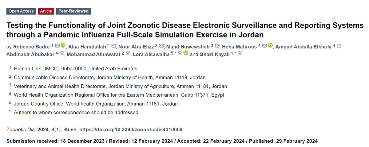 New Publication 🎉: Testing the Functionality of Joint #Zoonotic Disease Electronic Surveillance and Reporting Systems through a Pandemic #Influenza Full-Scale Simulation Exercise in Jordan mdpi.com/2813-0227/4/1/9