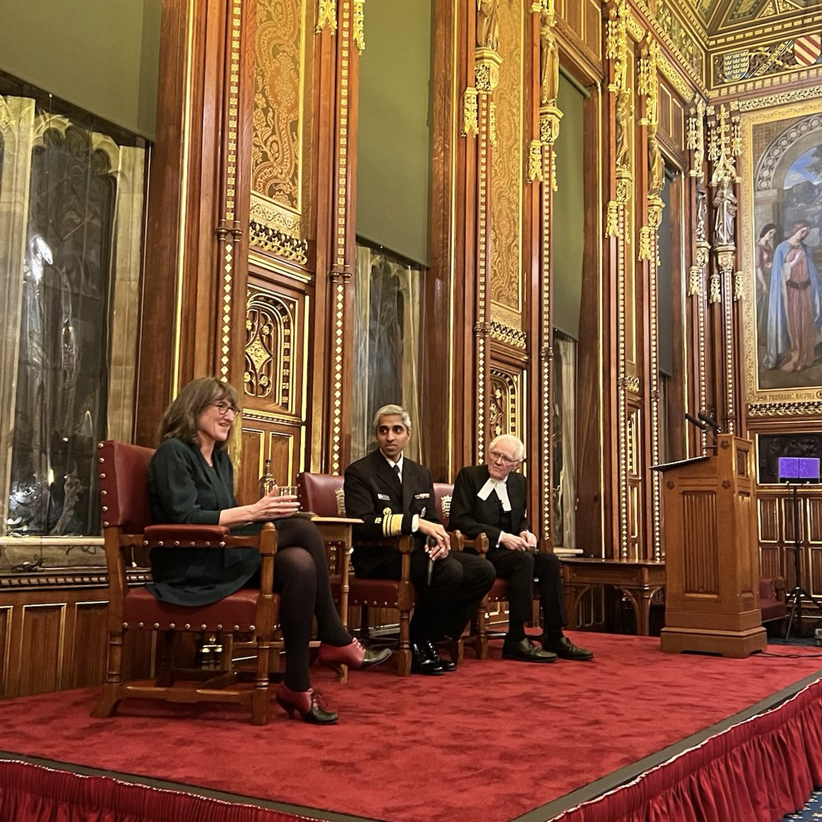 Surgeon_General's tweet photo. It was an honor to sit down with Baroness Beeban Kidron OBE and members of U.K. Parliament to discuss the global mental health and loneliness crisis. Thank you @LordSpeaker McFall of Alcluith for your invitation to deliver the Lord Speaker’s Lecture on this important topic. https://t.co/m2YNzxevdo