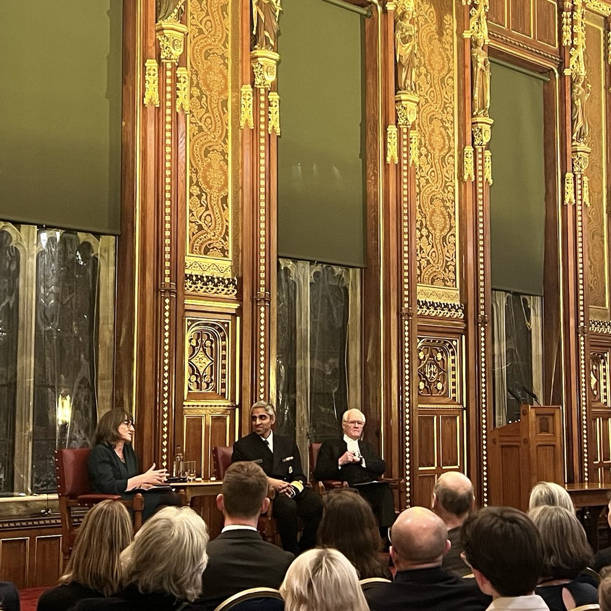 Surgeon_General's tweet photo. It was an honor to sit down with Baroness Beeban Kidron OBE and members of U.K. Parliament to discuss the global mental health and loneliness crisis. Thank you @LordSpeaker McFall of Alcluith for your invitation to deliver the Lord Speaker’s Lecture on this important topic. https://t.co/m2YNzxevdo
