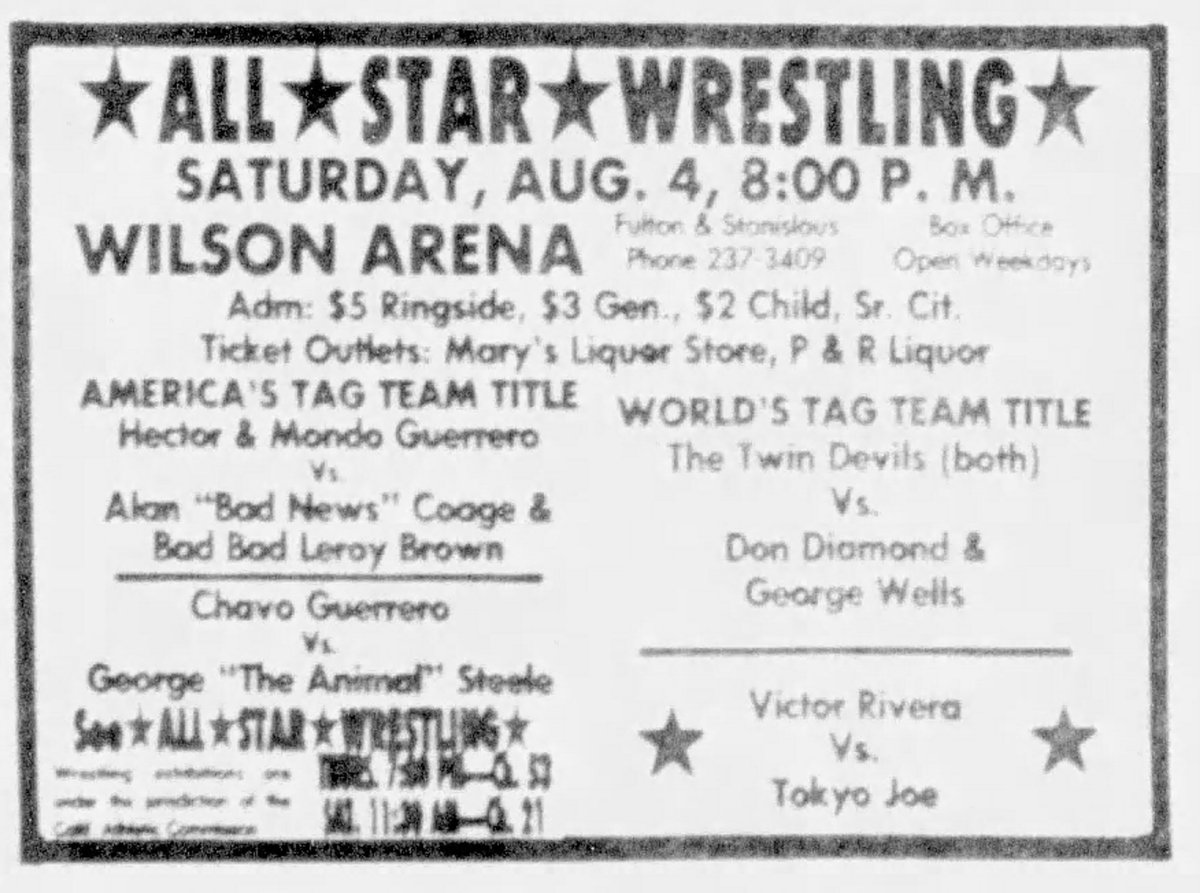 August 4, 1979 @Fresno, CA Chavo Guerrero battles George Steele, plus two tag title matches, including Hector and Mando Guerrero vs. Bad, Bad Leroy Brown and Allen 'Bad News' Coage.