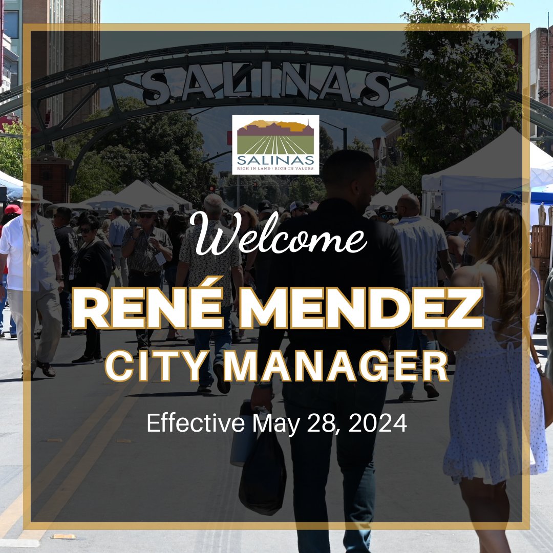 René Mendez will be Salinas' new City Manager! The City Council approved his employment contract at tonight's Council meeting. City Manager Mendez is currently the City Manager of Watsonville. Previously, he was City Manager of Gonzalez for 17 years.