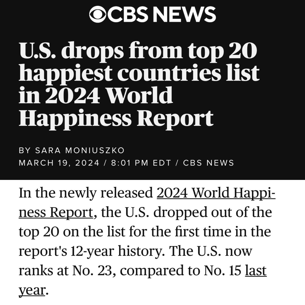 Do you know what the 22 countries ranked ahead of the U.S. in happiness all have in common? Universal healthcare. Turns out people are happier when they don’t have to choose between food and seeing a doctor.