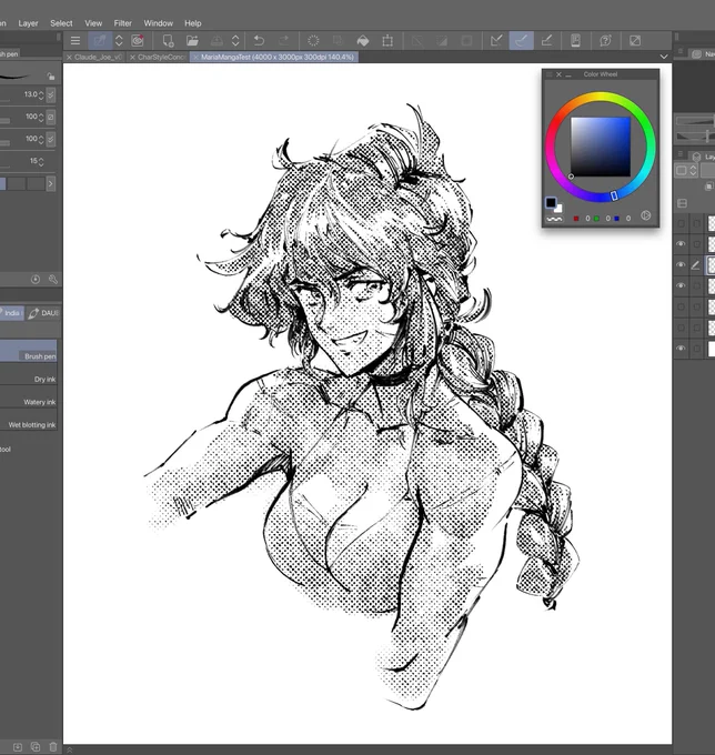 Testing out/messing with some workflow things using CSP on Ipad. Wanted to get toning brushes working and installed since CSP has a really great manga page workflow. 

I really wanna do full color but I love the look of nice inks and manga tones.. Much to ponder... 