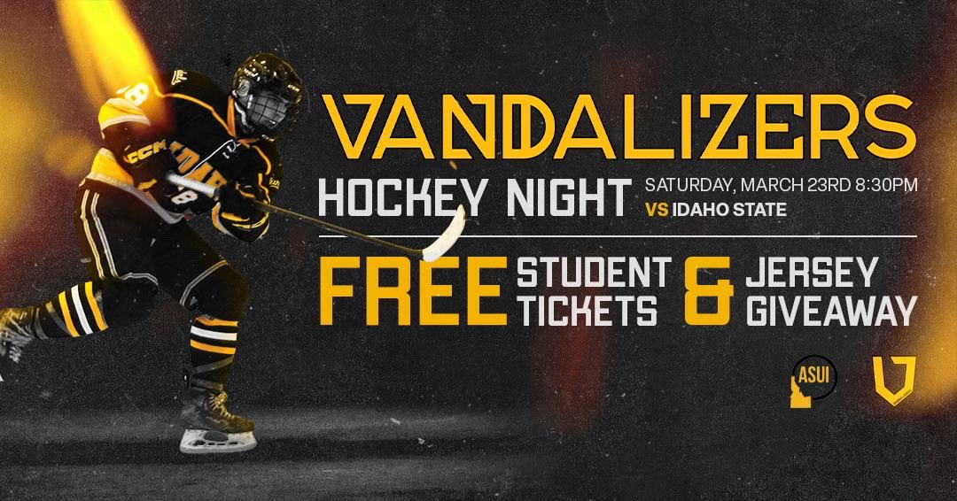 Pack the Palouse for Vandalizers Hockey Night this Saturday @ 8:30pm! Free tickets through @ASUIDAHO plus chance to win a Vandal Hockey jersey! #GoVandals