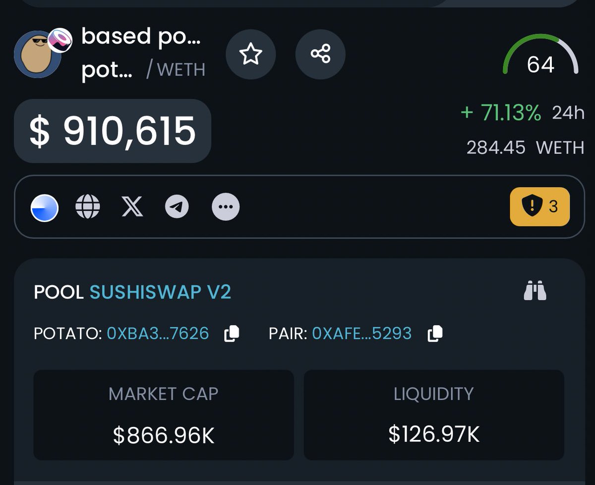 1yr_x's tweet photo. Anyone got any @basedpotatocoin???

This is going to be HUGE!!!  It’s $866k mcap but this is going to $100m!!!

It’s on BASE, and it’s going to be famous!!

The world’s most expensive #potato!!!

#BasedPotato #BasePotato $Potato https://t.co/W2CpqmCIFq
