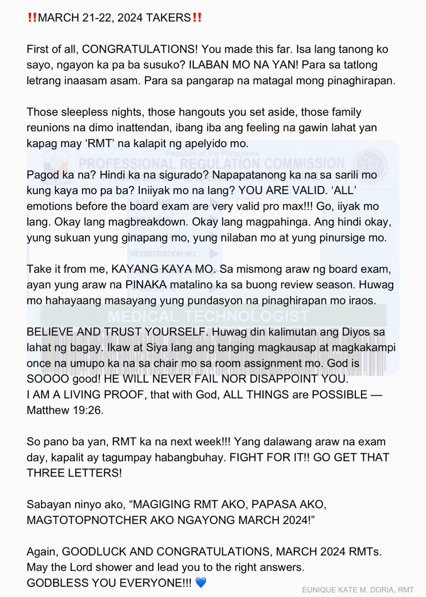 RMTs NEXT WEEK! Here’s my message for yall, a day before your board exam 🫶🏻 

ILOVEYOU ALL!! Magtatagumpay kayong lahat, pangako 🤍

#RMTMarch2024 #RMT #MTLEMarch2024 #MTLE