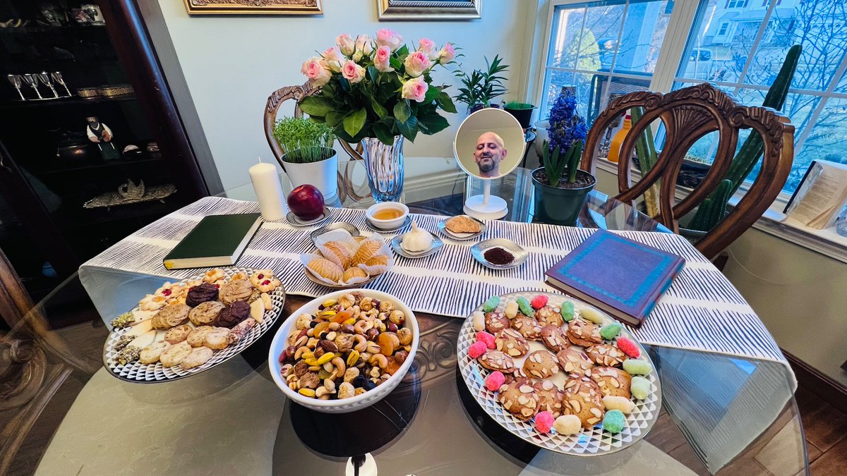 Persian New Year, or Nowrooz (new day) is the first day of spring (makes sense!) Tradition is to set a table of greens & flowers, mirror & poetry, & seven items that start with letter “s” in Farsi, each symbolizing one positive aspect of life. #HappyPersianNewYear, #HappyNowrooz!