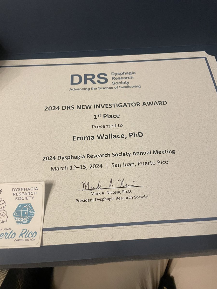 A very special end to #DRS2024 with a New Investigator Award. Amazing #dysphagia research meeting in the beautiful San Juan ✨ Excited for the year ahead! 🧐🧑‍🔬