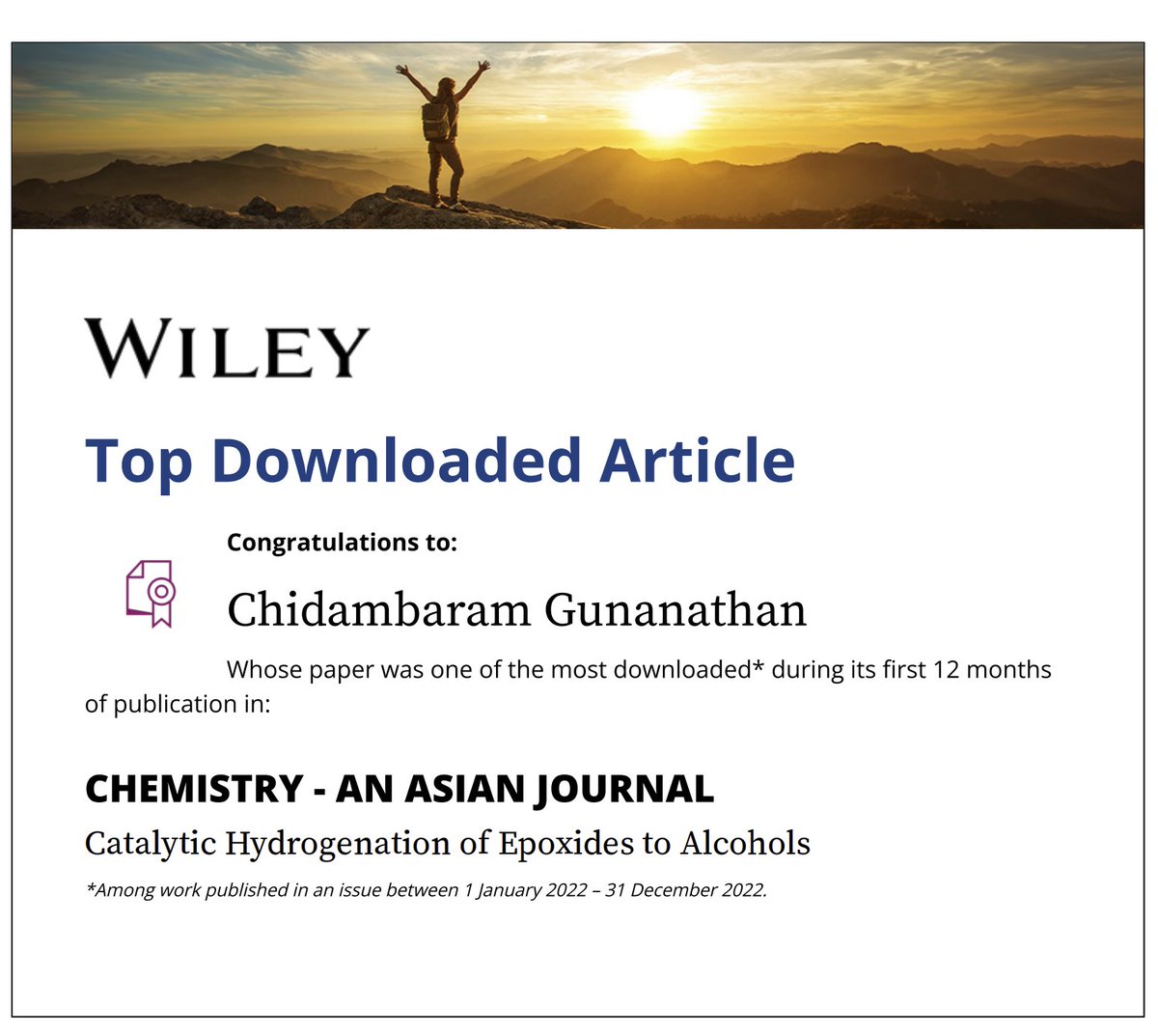Our review article "Catalytic Hydrogenation of Epoxides to Alcohols" was one of the most downloaded during its first 12 months of publication in @ChemAsianJ. Hearty Congratulations to Dr. S. Thiyagarajan and Prof. C. Gunanathan.