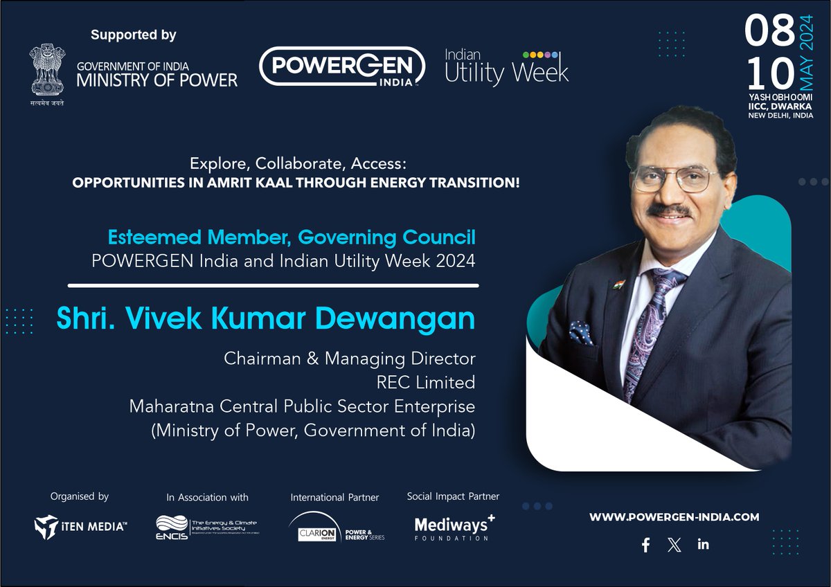 We are delighted to announce Shri. @VivekKumarDewa5 , CMD, @RECLindia as our Esteemed Member of the Governing Council for @PowerGenIndia & @IndianUtilityWk 2024. connect: +91-9990401916 | hansika@itenmedia.in #power #powergeneration #utilities #powerdistribution #PGIndia #iuw