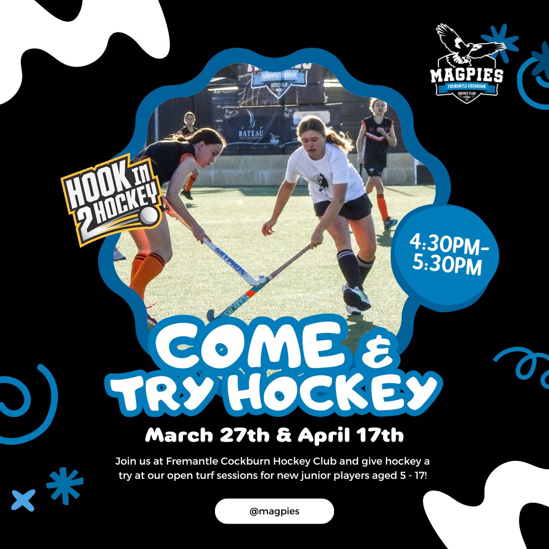 Have you got kids aged 5-17? Have they been thinking about giving hockey a go? Come and join us at The Nest (84 South Lake Drive) on Weds March 27th & April 17th for our open turf sessions for new junior players, and give it a try 🏑✨ #hockey #magpies #hookin2hockey