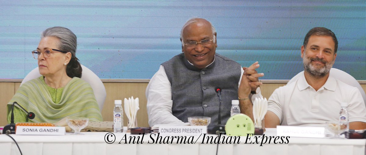 Mallikarjun Kharge with Sonia Gandhi and Rahul Gandhi at CWC meeting on tuesday. @IndianExpress photo by @anilsharma07