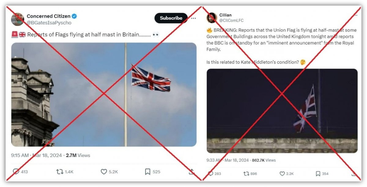 🇬🇧👑 Old photos of the UK flag lowered to half-mast flooded social media this week, fuelling rumours about the health of Catherine, Princess of Wales

The pictures were actually taken in Westminster in 2017 and the British Consulate in Istanbul in 2022

u.afp.com/UnionFlagHalfM…