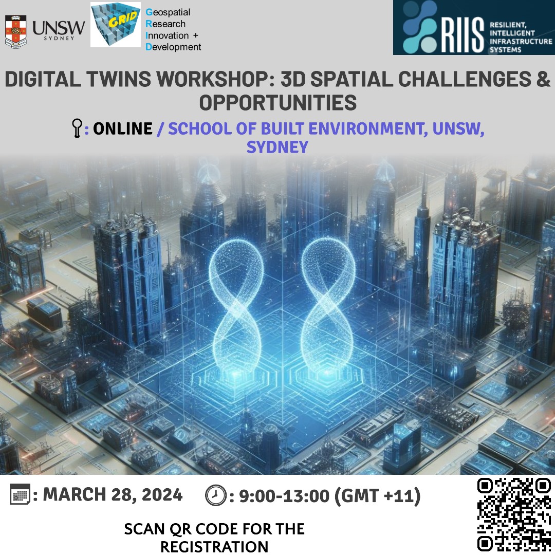 📢 Workshop Alert ‼️ 🗓️ 28 March 2024 🕜 09:00-13:00 GMT+11 ℹ️ Digital Twins Workshop: 3D Spatial Challenges & Opportunities ⬇️ Registration Link ⬇️ 🔗 forms.office.com/r/mNcwmbbYXz