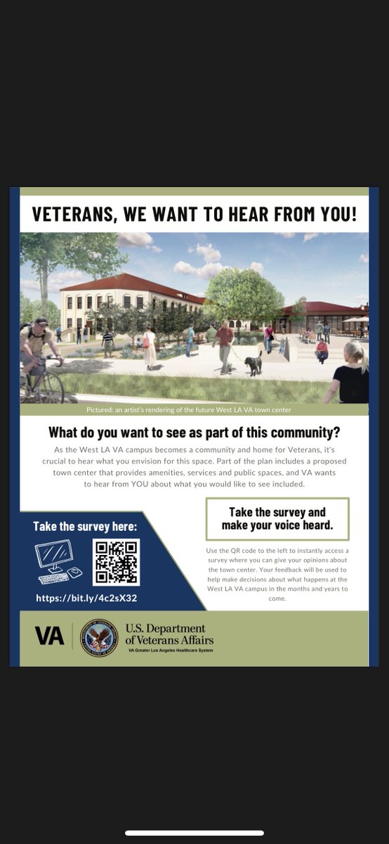 VeteranPeer's tweet photo. As the West LA VA campus becomes a community and home for Veterans, it’s
crucial to hear what you envision for this space. Part of the plan includes a proposed
town center that provides amenities, services and public spaces, and VA wants
to hear from YOU. https://t.co/8CfiZttmoJ