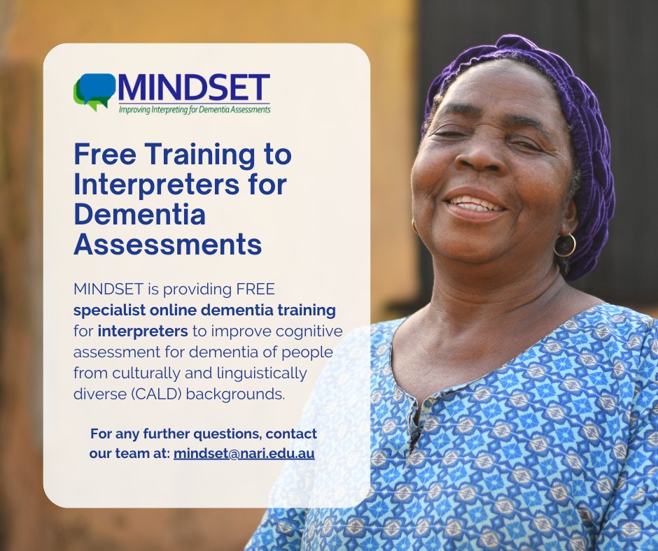 NAgeingRI's tweet photo. MINDSET is providing FREE specialist online dementia training for interpreters to improve cognitive assessment for dementia in people from culturally and linguistically diverse (CALD) backgrounds.

Interested? Click the link below to enrol:
https://t.co/5xgVUu2ZlV https://t.co/Q6pPgqNYbz