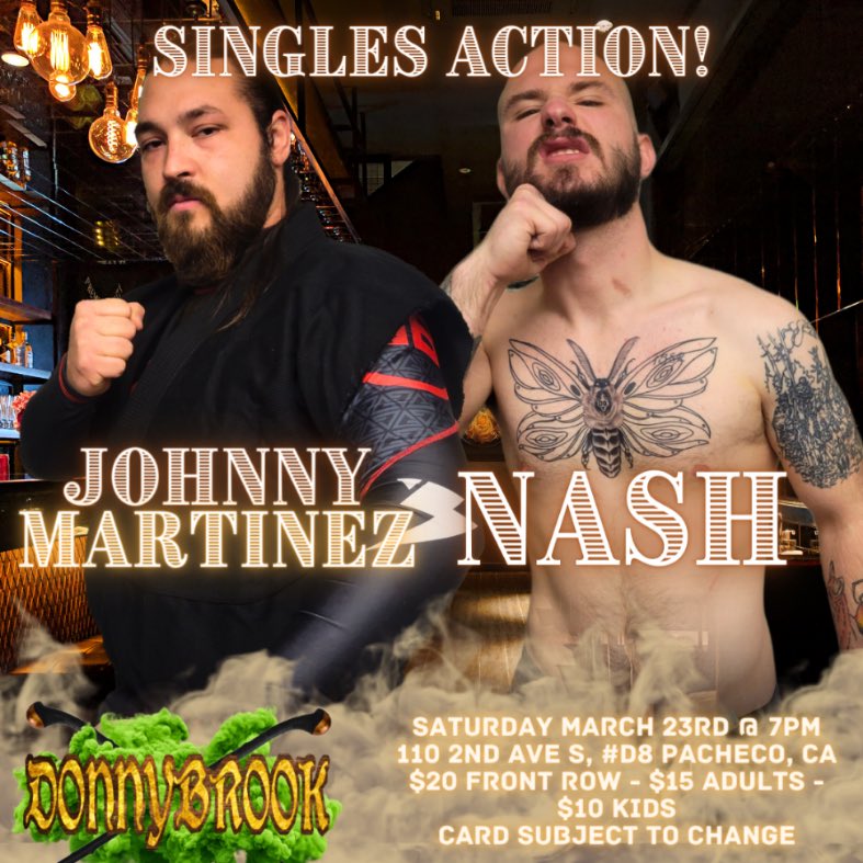 EBPWrestling's tweet photo. Three matchup announcements for this Saturday, March 23rd, when East Bay Pro Wrestling presents #DONNYBROOK!
* 6-Man Tag Match - EBPW tag champs Downtown Lounge vs. OC / AC (@AndrewCassPW) / JT Hawk
* Carmelo Romeo vs. @CockyJohnson
* Johnny Martinez vs @NastyNashPW
#prowrestling https://t.co/mJLFDF1ymL