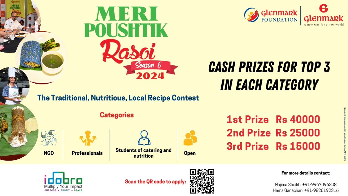 IdobroImpact's tweet photo. Join Meri Poushtik Rasoi 2024, Season 6, and compete to win cash prizes up to Rs 40,000💰await the top 3 winners in each category!
Whether you're a chef, student, or enthusiast, your culinary creations can fight malnutrition!
Apply now:https://t.co/EWK32k6Ls1
#CookingContest 🌟 https://t.co/aNwKnfrdBB