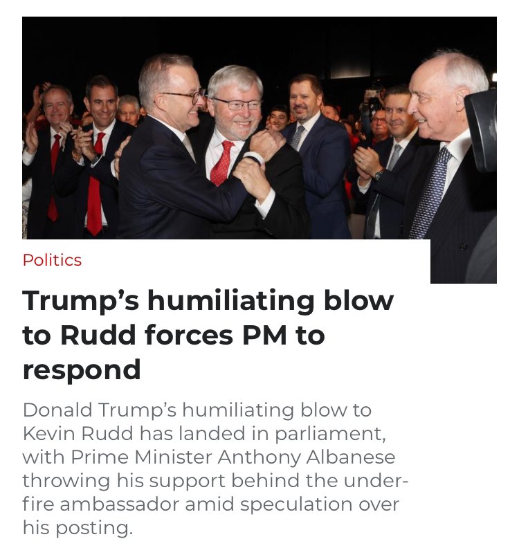 AmeliaBee7's tweet photo. A former POTUS, running again for office, has clearly no idea who the former Prime Minister and current Ambassador to the U.S, from of one of his country’s most significant allies, is….and RUDD should feel humiliated??! 😳🤣🤣🤣 https://t.co/49KFz7lPnd
