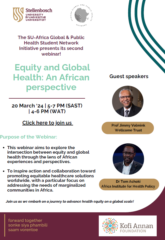 Join us today at 17h00 SAST for our student-focused Introducing Global Health webinar on Equity and Global Health: an African perspective.
Link: maties.zoom.us/j/95123640508