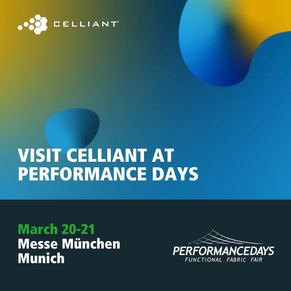 Celliant's tweet image. The CELLIANT team will be at #PERFORMANCEDAYS, and we&apos;re looking forward to discussing the latest trends and innovations in the #textileindustry. To set up a meeting to discuss how CELLIANT fabric tech can elevate your brand&apos;s products, please reach out to kreso@celliant.com.