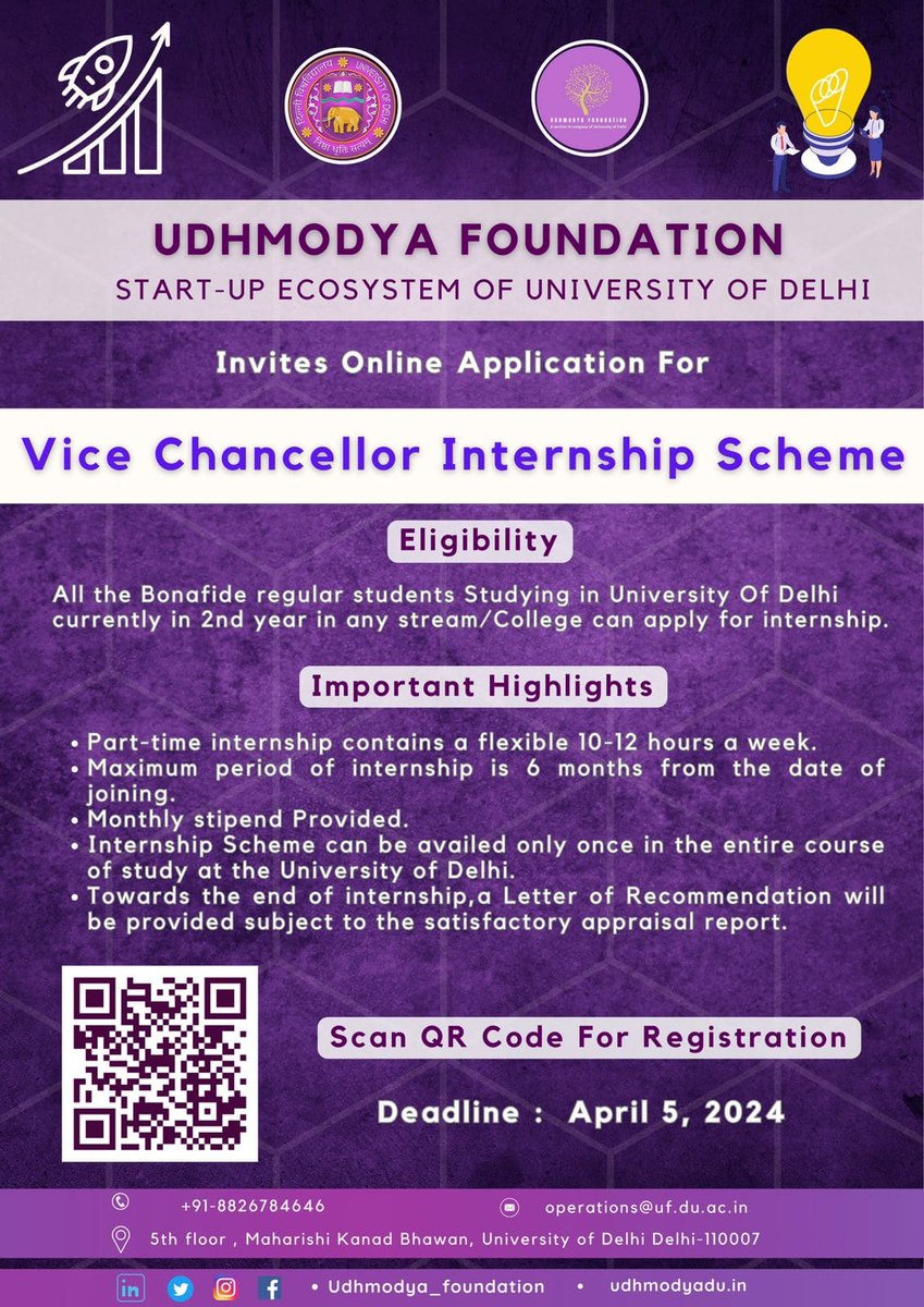Exciting news from @udhmodya Foundation! Announcing the Vice Chancellor Internship Scheme for students for Udhmodya Foundation, University of Delhi. Don't miss this wonderful opportunity. Apply now by scanning the QR code provided in the poster. Visit website:-udhmodyadu.in