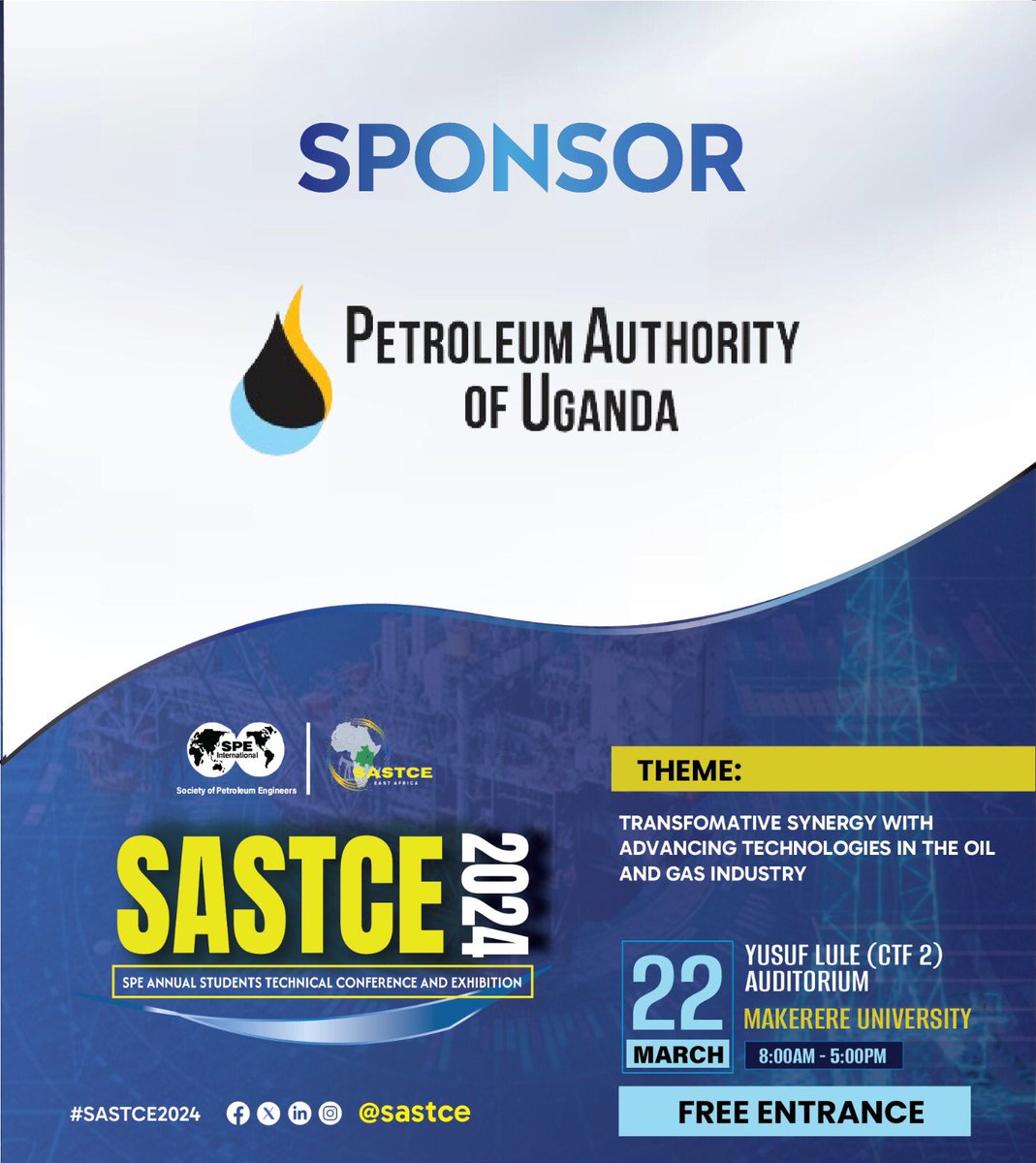 spe_muk's tweet photo. Among our sponsors is the Petroleum Authority of Uganda, @PAU_Uganda 

Secure your slot by registering with the link below https://t.co/gzcbsPN8U0    

#SASTCE2024 https://t.co/z4SKZjADV2