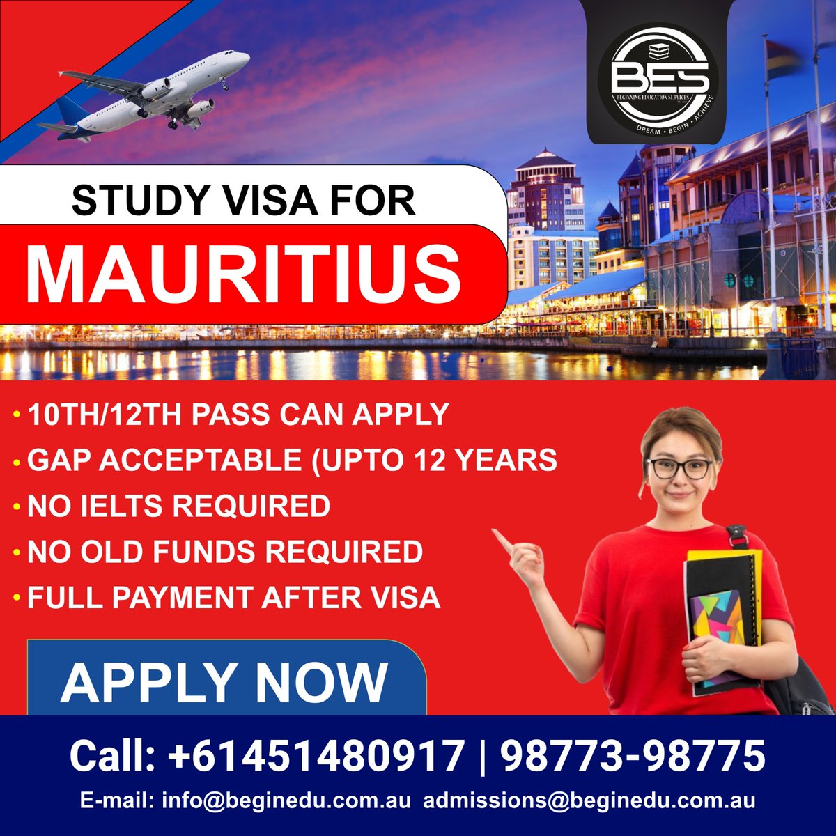 Study abroad without worrying about the high costs. 📚

Excellent opportunity. 

 📲 +61 451 480 917 / +91 98773 - 98775.

✉️ info@beginedu.com.au.

#StudyVisa #StudyAbroad  #Mauritius #Punjab #Opportunity  #VisaExpert #VisaService  #VisaAgent #StudentVisa #NoIELTS #MauritiusVisa