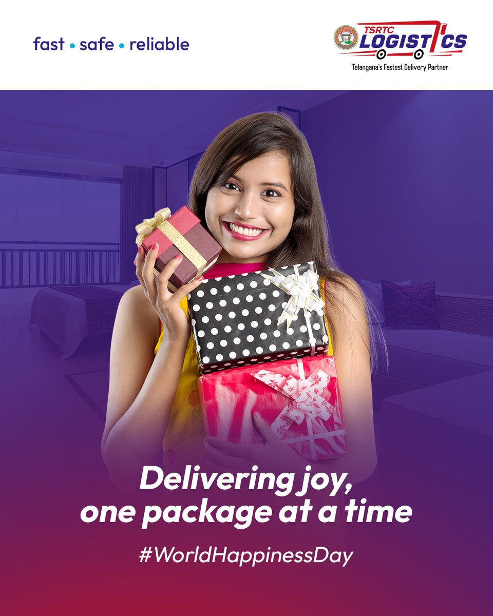 TSRTC_LOGISTICS's tweet image. Happiness multiplies when shared, so send a little #gift to brighten your loved ones’ day.

With TSRTC Logistics, spread joy to your near and dear ones.

#tsrtclogistics #WorldHappinessDay #Happiness