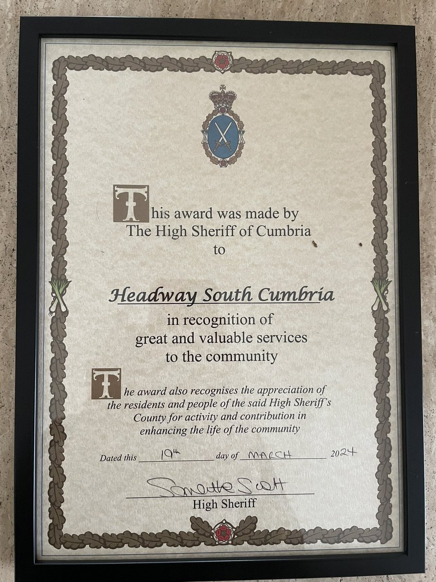 Thrilled and honoured yesterday in Appleby to receive a Cumbria High Sheriff’s Award @hscumbria on behalf of @HeadwaySCumbria - supporting people living with #BrainInjury