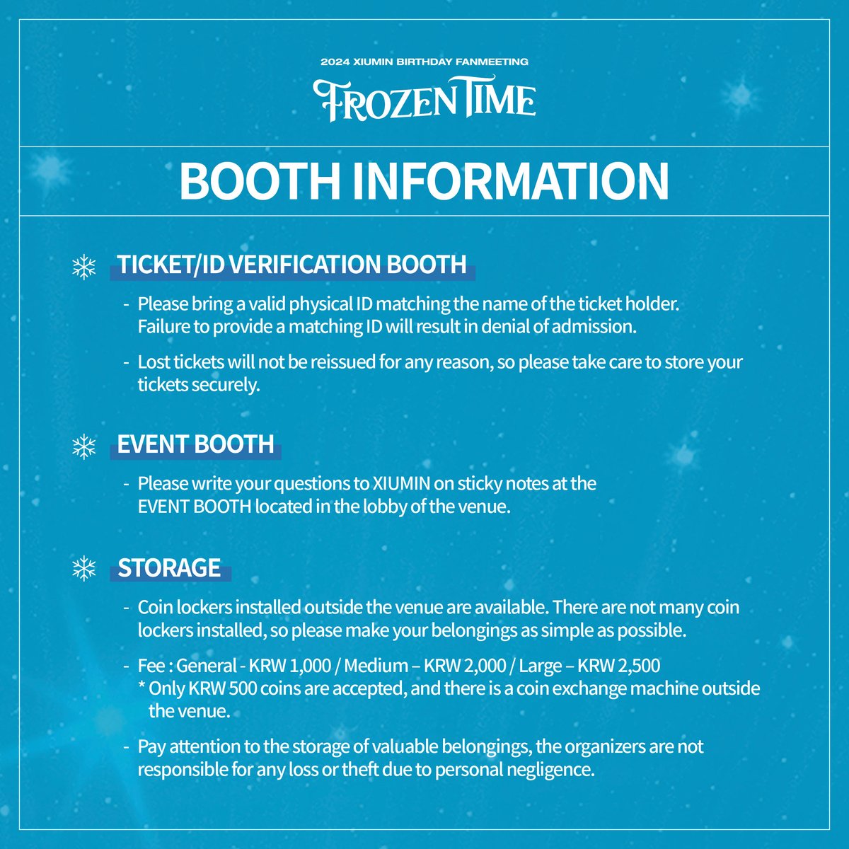 XIUMIN_INB100's tweet photo. 2024 XIUMIN BIRTHDAY FANMEETING <FROZEN TIME> Show Guide
 
A guide for EXO-L who is coming to celebrate XIUMIN's birthday📖

Please check the image for more details.

#시우민 #XIUMIN #FROZENTIME #프로즌타임 https://t.co/3q2FWYtTK5