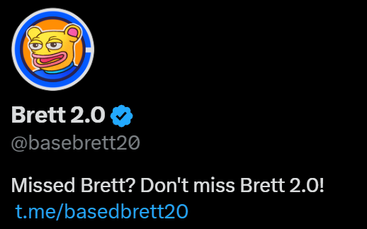 basebrett20's tweet photo. We have now been verified on X.
This will help us spread the 2.0 lore to more and more people and help us onboard people to base who have missed $brett to not let them miss $brett2
This is the people's $Brett.
@base  @jessepollak #baseseason https://t.co/vV3DXuiY61