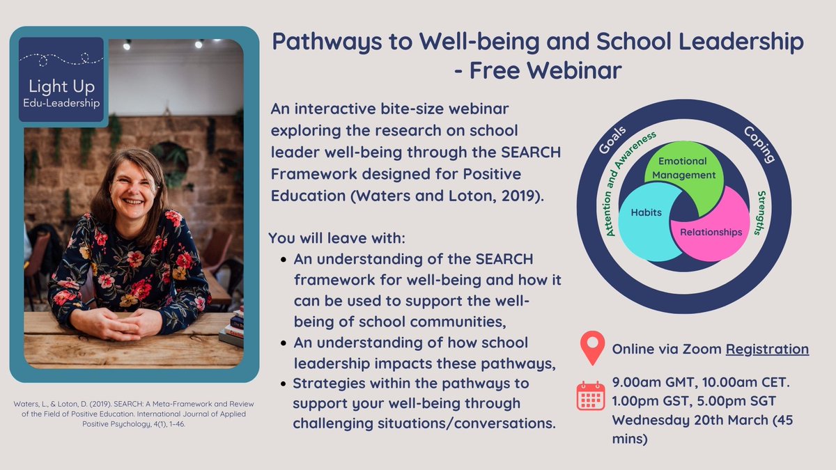 @DeputyGrocott Morning #FFBWednesday
💙I am a former teacher, school leader and now positive psychology informed coach.
✒️I write about school leader well-being.
This morning I am hosting a free webinar which will be recorded - sign up before 9am!
us06web.zoom.us/meeting/regist…