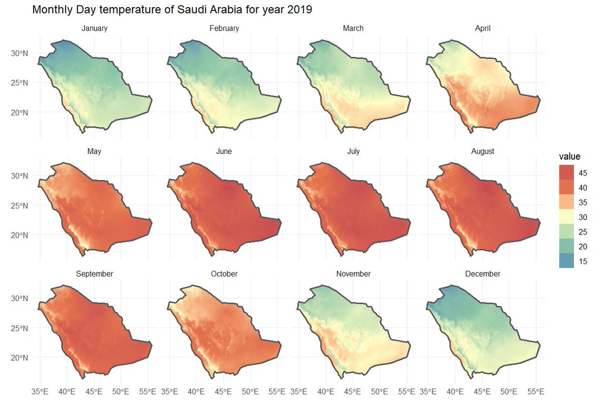 725Hemeed's tweet photo. I might have to Update This Thread cause it's a bit outdated ... Here is sneak peek of what I've been up to 😅 (Map🗺️ of Monthly Day Temperature 🌡️ of Kingdom Saudi Arabia for Year 2019)🇸🇦 special Thanks to Mike Johnson for helping me out #ClimateR #Map #R #dataviz #SaudiArabia https://t.co/mXQShwVcL6