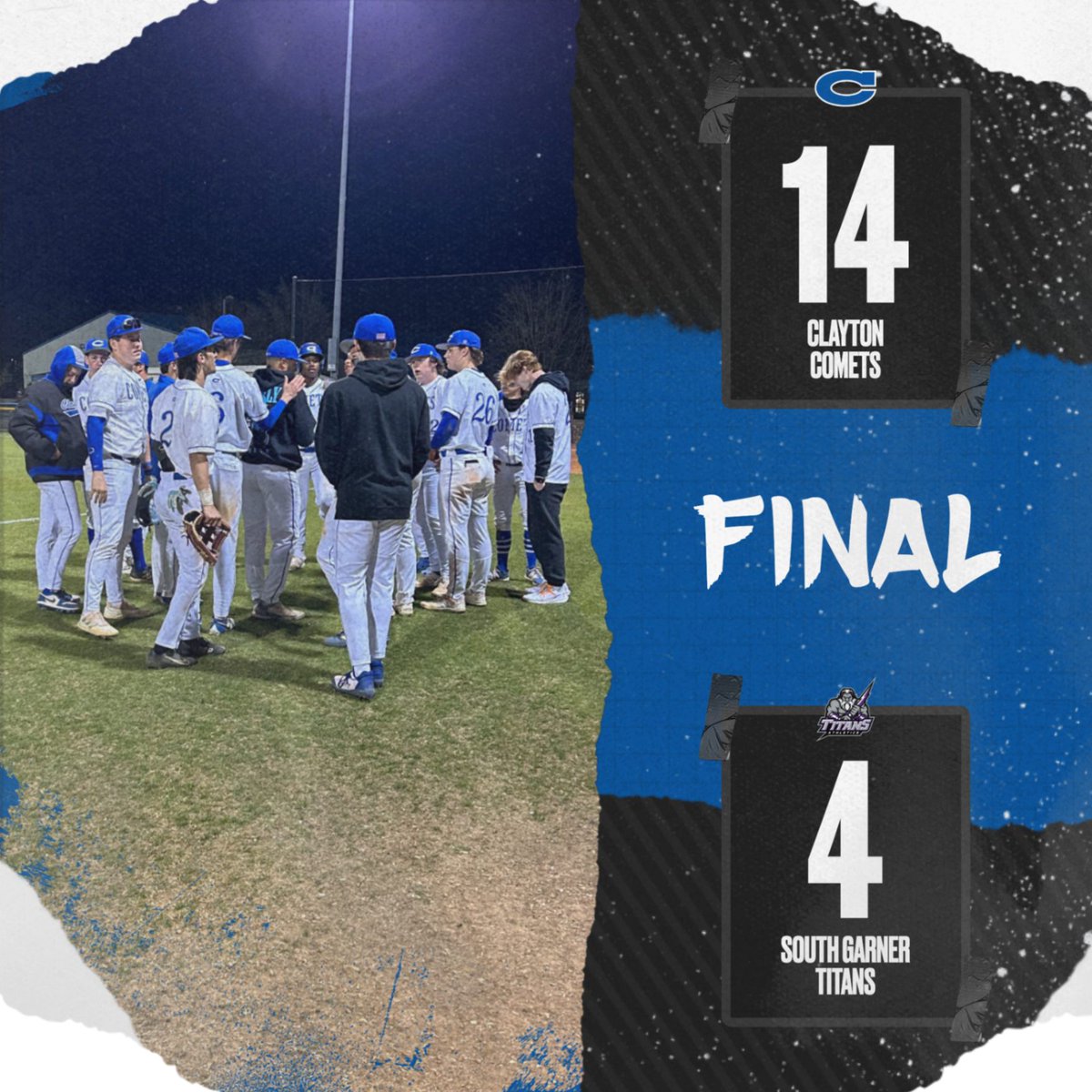 Congratulations to our Baseball team for a solid 14-4 win tonight over South Garner at Pleasant Field! Timely hitting and base running led to a big win in 6 innings. The boys return to action on Friday afternoon at South Garner! #GoComets