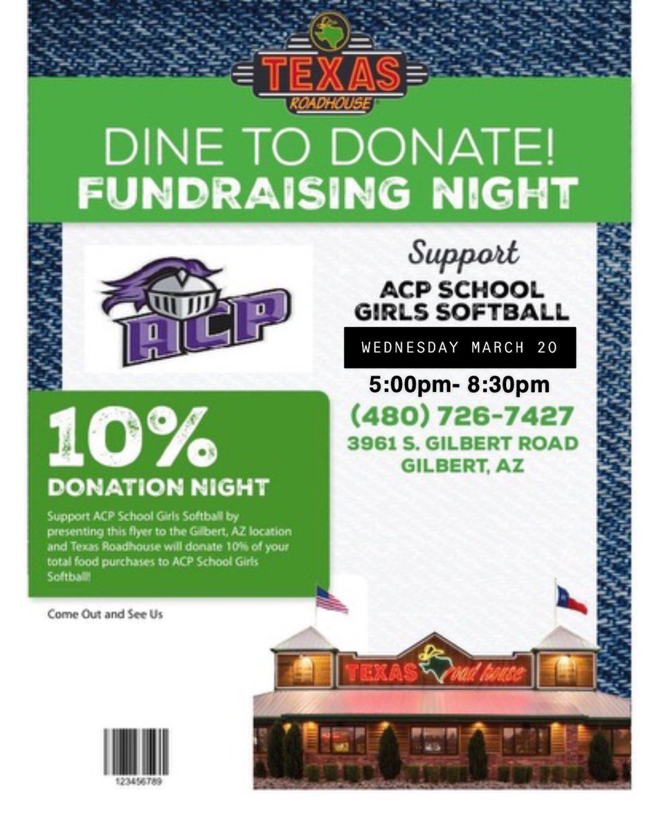 Don’t want to make dinner Wednesday Knight?! Come on out and support the ACP Softball Program @ Texas Roadhouse on Gilbert and Germann. 💜🥎