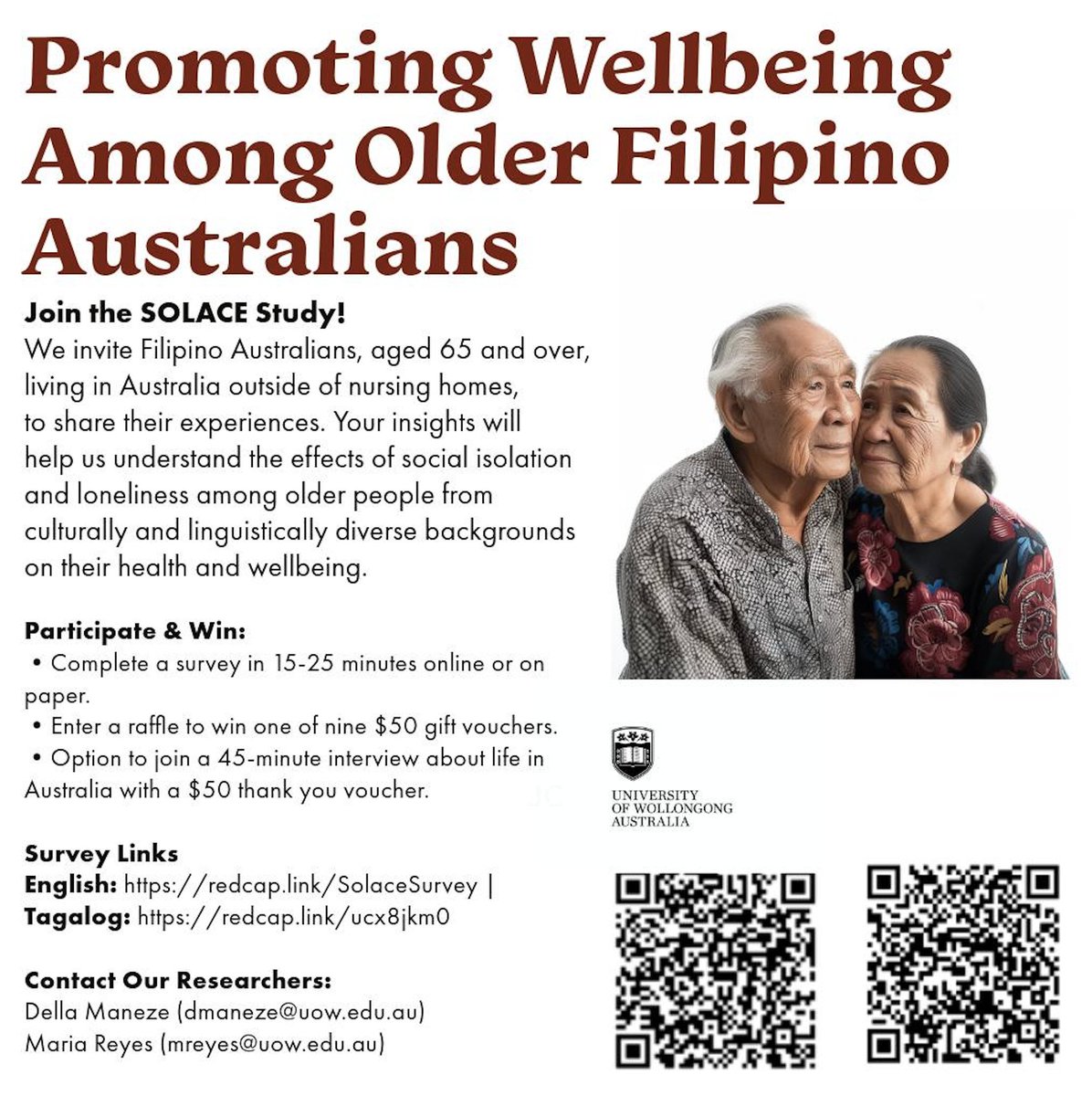 Do you know someone who is 65yrs and older? An immigrant to Australia? Do they speak Tagalog? If they live in the community (not in a nursing home) we would like to hear from them. Details for those who prefer English/Tagalog below for the survey.