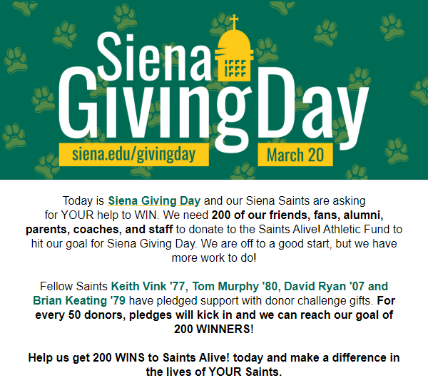🚨 #SienaGivingDay CHALLENGE 🚨 The first 🔟 donors who designate their gifts to Saints Alive! each hour from 10 AM - 10 PM today will be automatically entered to win 4⃣ premium VIP 🎟️ to various shows at @TheMVPArena, including Fall Out Boy, Bruce Springsteen, Judas Priest,…
