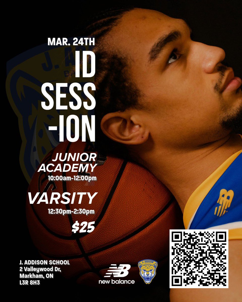 Varsity Team (gr. 11-12 in 2024-25) and Jr. Academy (gr. 7-10 in 2024-25) ID session date is Sunday, March 24th.

For questions email jaselitebball@gmail.com or call Coach Bob Messam at (647) 668-2347.

🏀 Scan QR code to register 

🏀 Bring reversible jersey and a water