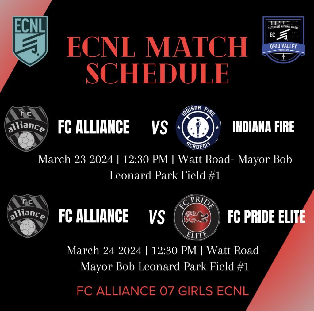 FC Alliance 07G ECNL (@fca07g) on Twitter photo Back at home this weekend for <a href="/ECNLOhioValley/">ECNL Ohio Valley Conference</a> conference games!! Hosting @IndyFireAcademy and <a href="/FCPRIDESOCCER/">FC PRIDE</a> Looking forward to two great games!
<a href="/FCAlliance1/">FC Alliance</a> <a href="/FCAECNL/">FC Alliance Girls ECNL</a> <a href="/fca07g/">FC Alliance 07G ECNL</a> <a href="/ImYouthSoccer/">ECNL/GA/Recruiting/College Soccer</a> <a href="/ImCollegeSoccer/">College Soccer Truth ™</a> <a href="/PrepSoccer/">Prep Soccer ⚽️</a> <a href="/ECNLgirls/">ECNL Girls</a> Back at home this weekend for <a href="/ECNLOhioValley/">ECNL Ohio Valley Conference</a> conference games!! Hosting @IndyFireAcademy and <a href="/FCPRIDESOCCER/">FC PRIDE</a> Looking forward to two great games!
<a href="/FCAlliance1/">FC Alliance</a> <a href="/FCAECNL/">FC Alliance Girls ECNL</a> <a href="/fca07g/">FC Alliance 07G ECNL</a> <a href="/ImYouthSoccer/">ECNL/GA/Recruiting/College Soccer</a> <a href="/ImCollegeSoccer/">College Soccer Truth ™</a> <a href="/PrepSoccer/">Prep Soccer ⚽️</a> <a href="/ECNLgirls/">ECNL Girls</a>