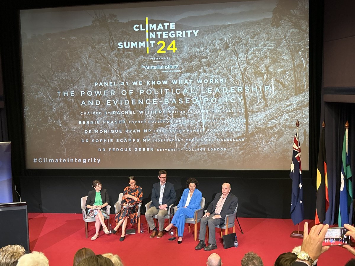 At #climateintegrity panel on the power of political leadership
featuring Bernie Fraser, Dr Monique Ryan, Dr Sophie Scamps, Dr Fergus Green

What can be done now: ending jobs for mates, no new fossil fuel approvals, lobbying reform, a carbon tax over emissions trading