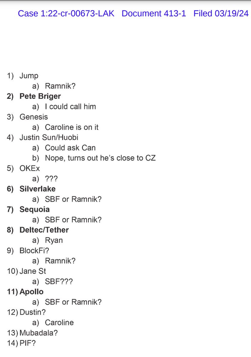 Bankman-Fried docket: SBF's lawyers this evening filed a reply asking for a downward variance from 63 months and including this list of last-gasp FTX outreach ideas, from Justin Sun (with his own civil case by the SEC here @SDNYLIVE) through Silverlake to Mubadala