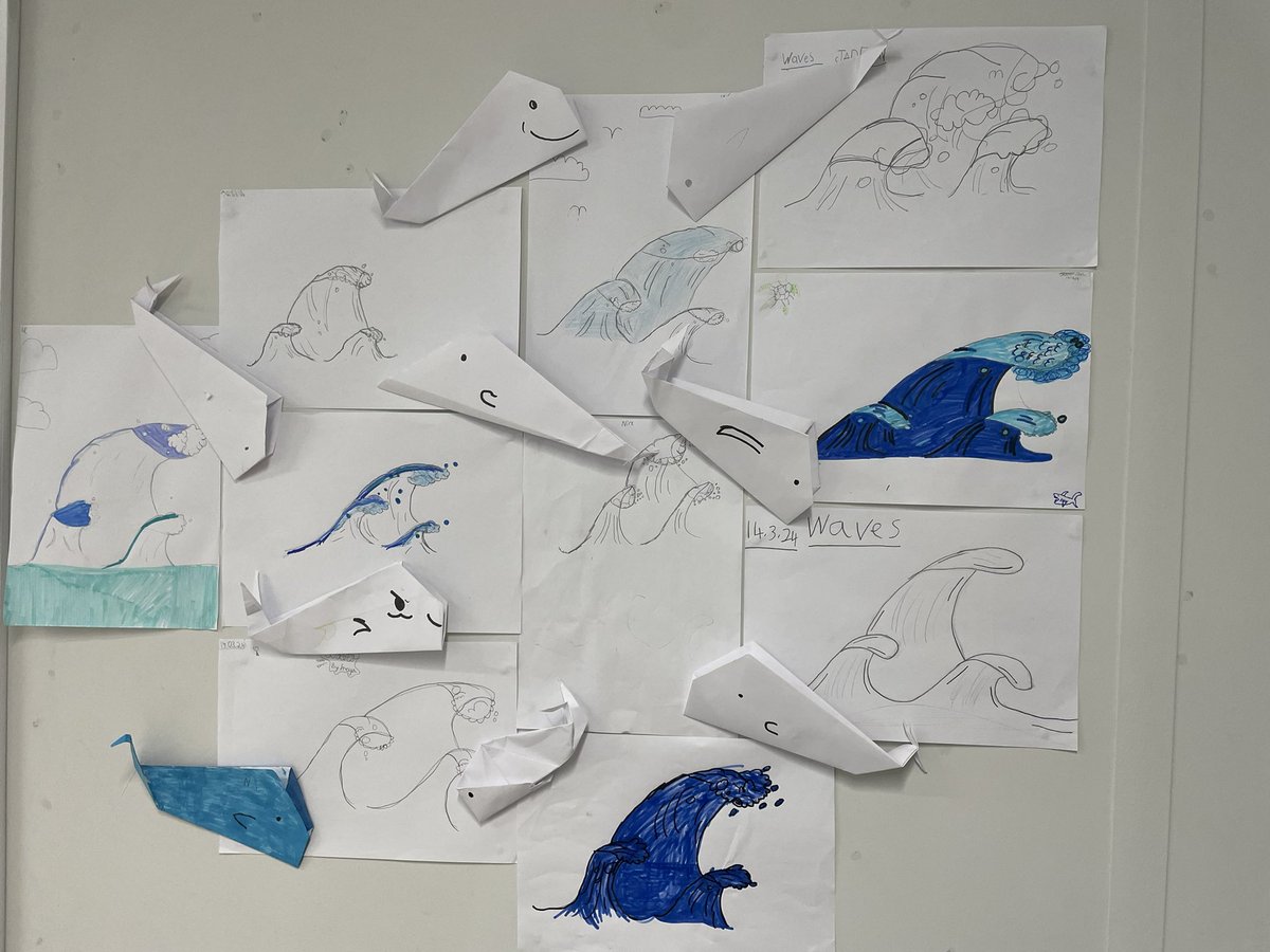 Inspired by our current class novel, ‘Kensuke’s Kingdom,’ P6E pupils used creativity, a growth mindset and literacy skills as we listened to, read and followed instructional texts. We sketched waves with pencil/pen line and made origami whales.
