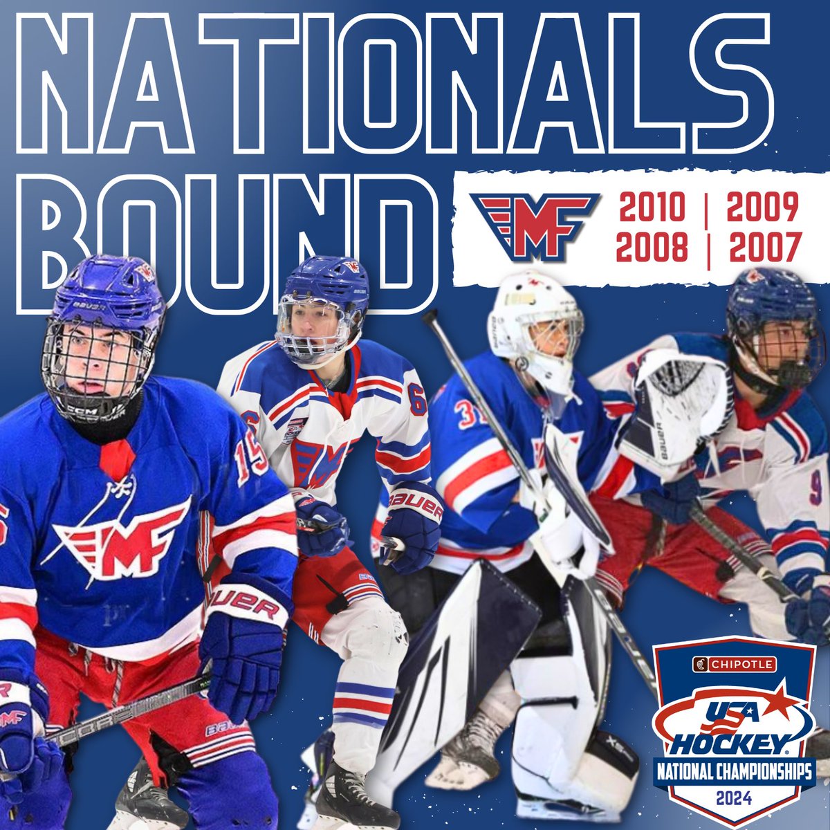 Congratulations and good luck to all 4️⃣ MF teams headed to the <a href="/usahockey/">USA Hockey</a> Tier I National Championships! #ROLLMF 👏🏻👏🏻👏🏻 #nationalsbound #usahockeynationals